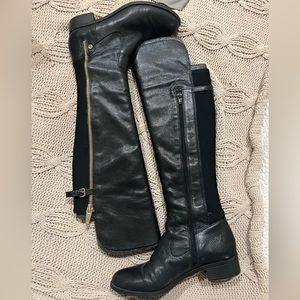 Calvin Klein over the knee riding style boots, black/gold zippers, Women’s 8.5